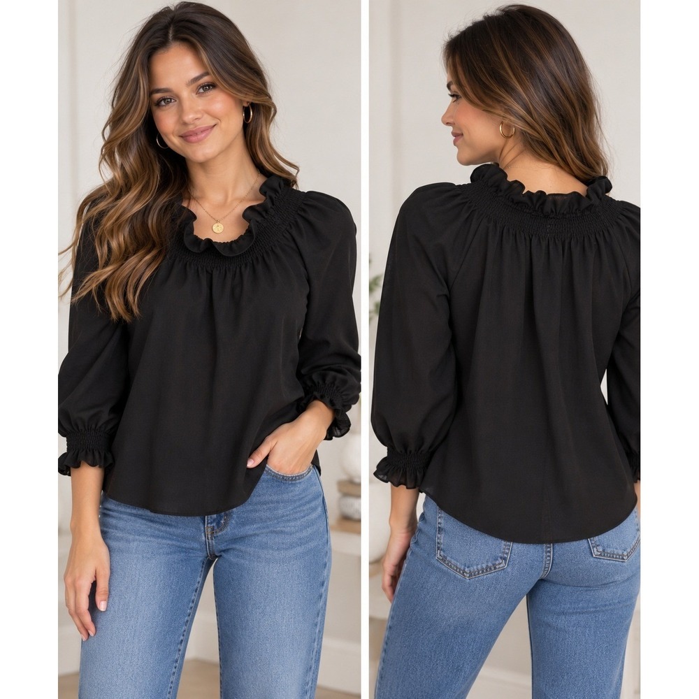 Tuckernuck Black Ruffle Smocked Neck Long Sleeve Blouse Small Crepe Top